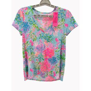 Lilly Pulitzer Etta V-Neck T-Shirt XS Celestial Blue Cay To My Heart 100% Cotton